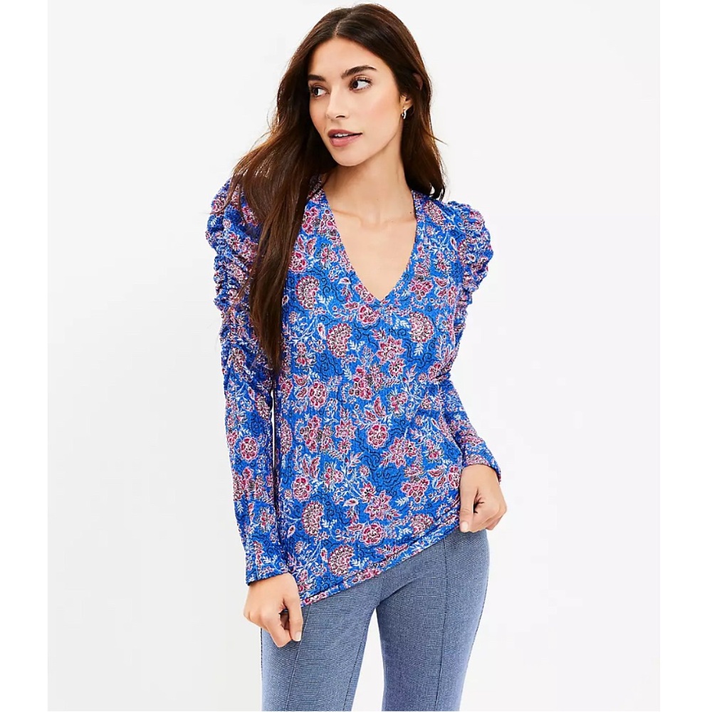 Loft Garden Floral Shirred Puff Sleeve V-Neck Top